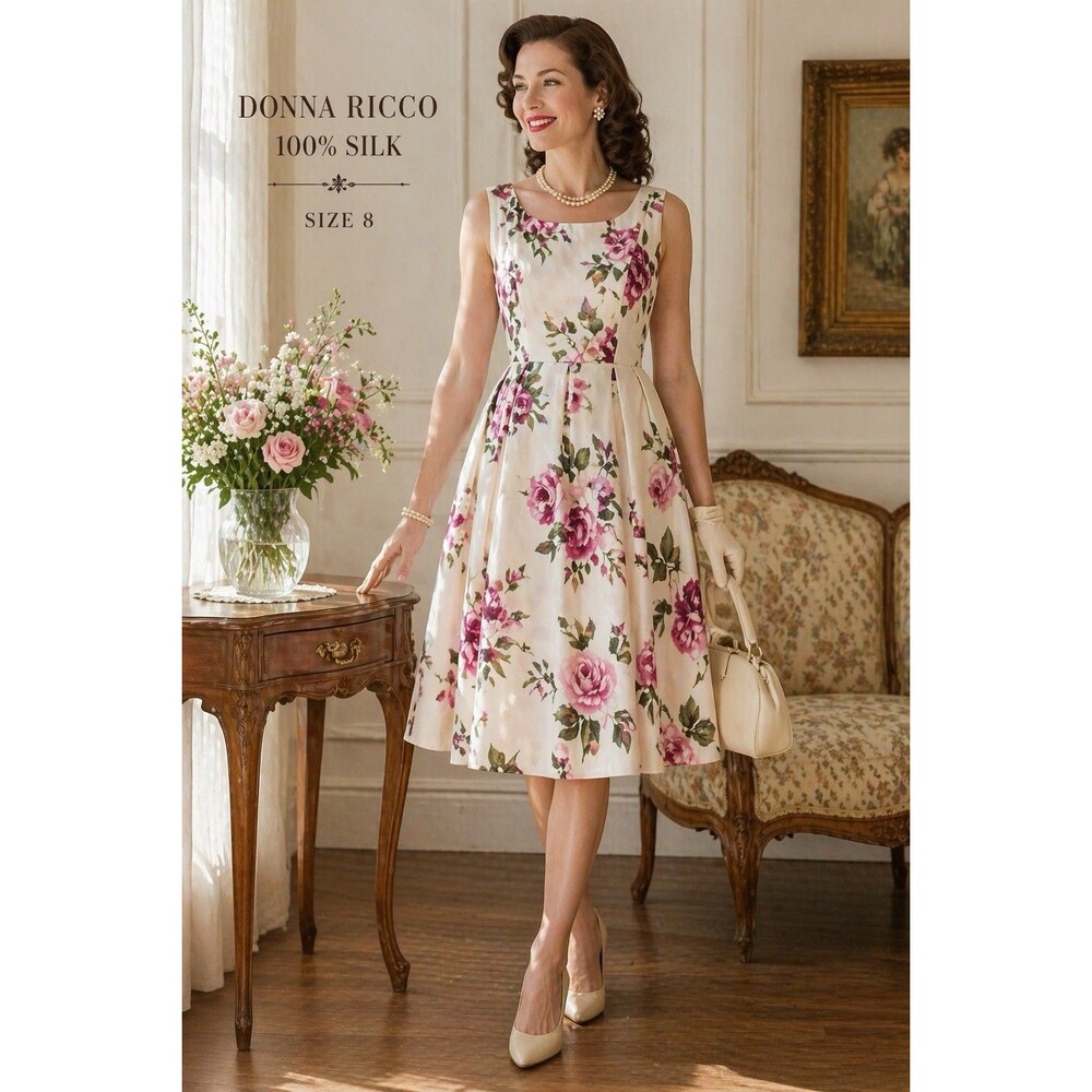 Donna Ricco 100% Silk Floral Dress Size 8 Pink Roses Fit Flare - Picture 5 of 16
